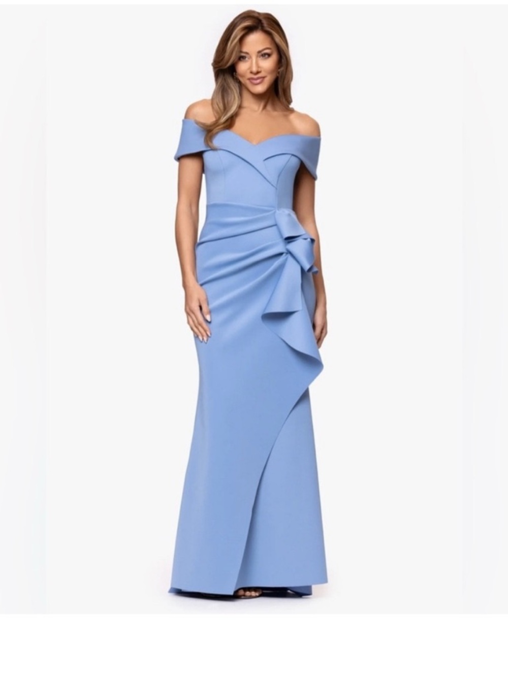 Xscape Off Shoulder Light Blue Scuba Gown SZ 4P NWT Formal Maxi Dress MOB petite